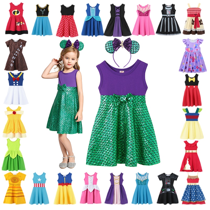 Little Mermaid Costume Disney Girl Princess Clothing Rapunzel Elsa Frozen Girls Dress Marvel Captain Encanto Princess Dress Gift