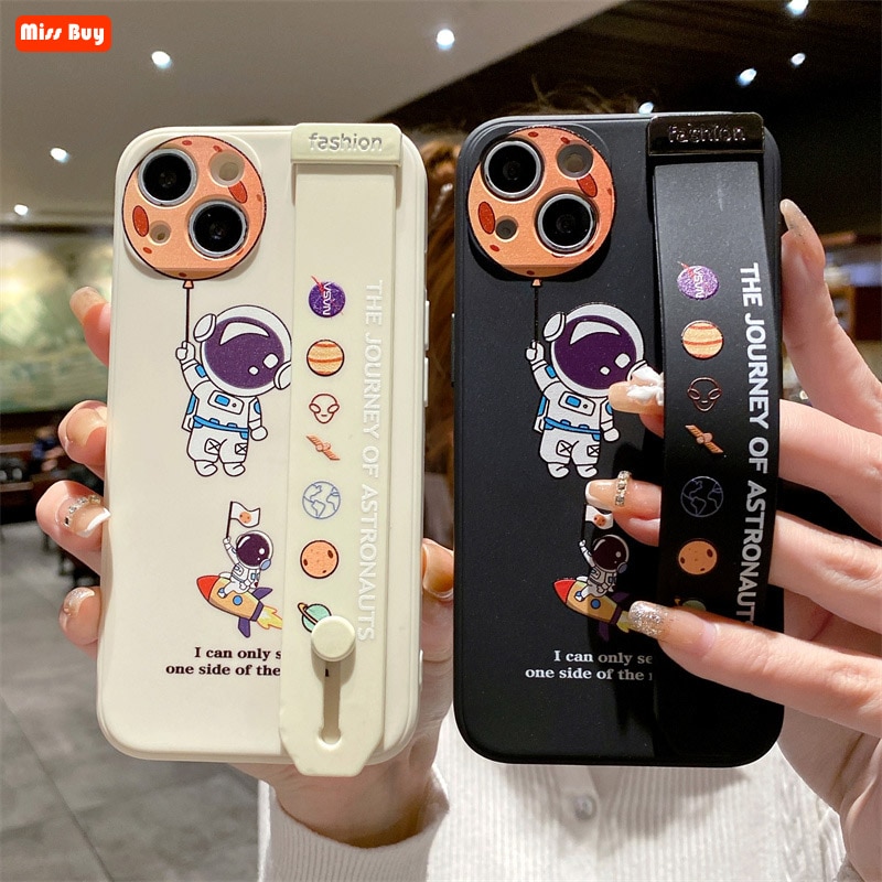 Cute Cartoon Astronaut Wristband Liquid Silicone Case for Samsung galaxy S23 S22 Ultra S21 S20 FE S10 Plus A53 A33 A73 5G Cover