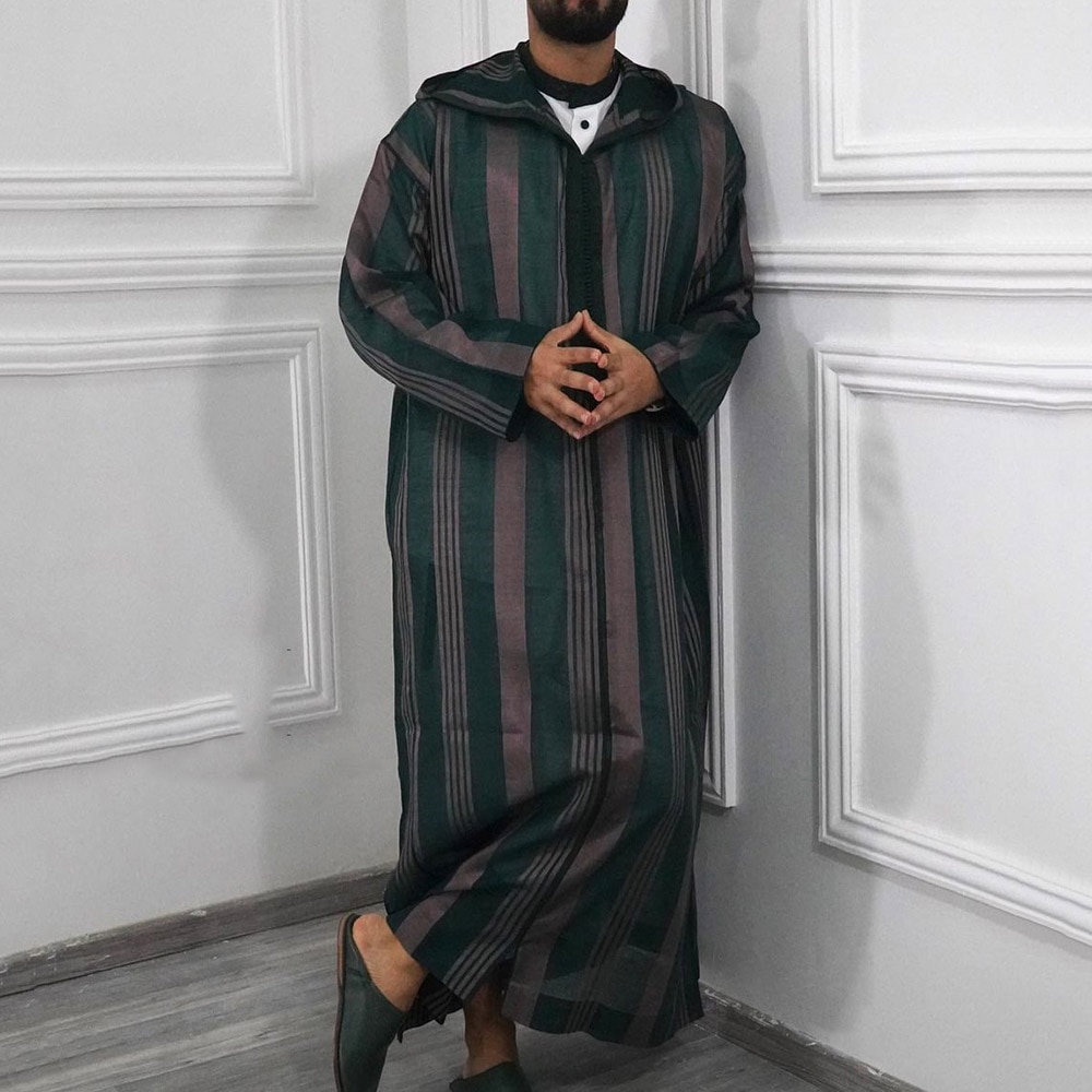 2022 Men's Spring New Muslim Robe Islam Casual Fashion Commuter Middle East Dress Loose Long Sleeve Green Striped Printing