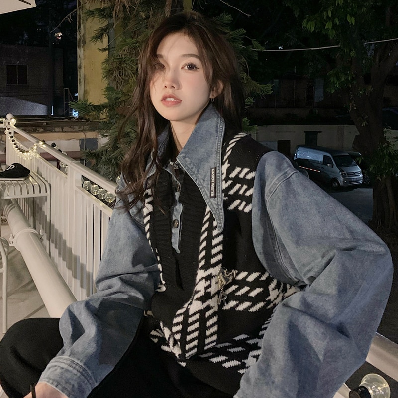 8961 Fall Winter Women Sweater Coat Patchwork Denim Fashion Vintage All-Match Loose Female Fake Two Piece Suit Pullover 2020