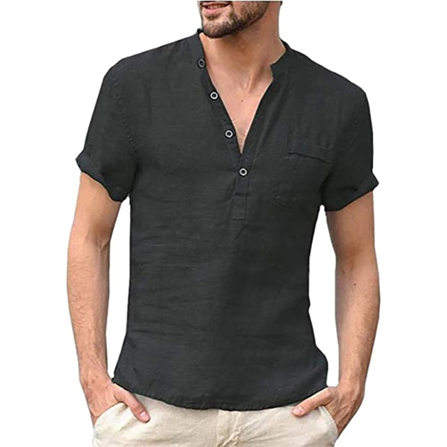 2021 Casual short button beach T-shirt cotton linen breathable solid color
