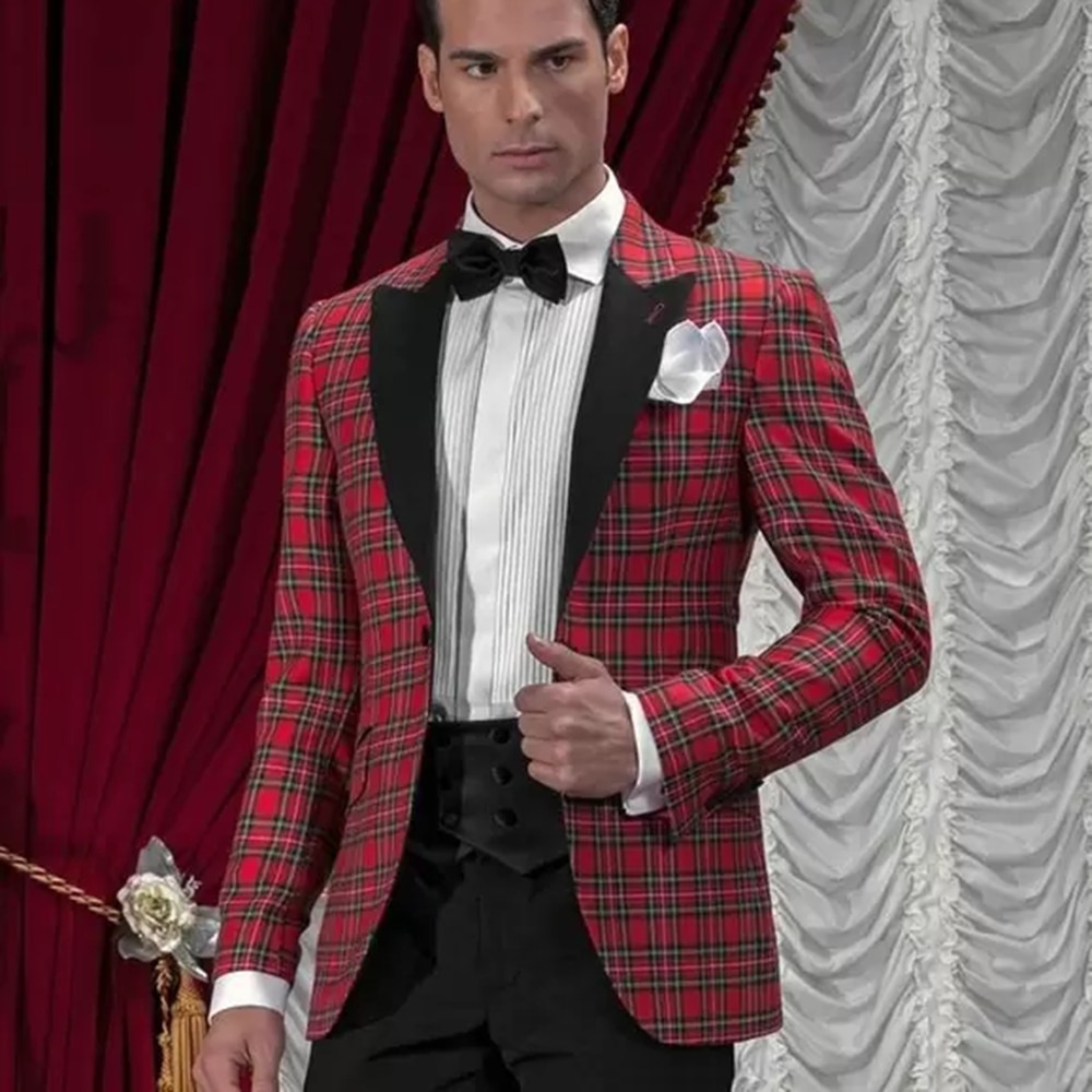 Spring/Autumn Plaid Check Men Suits Slim Fit Grooms Black Lapel Jacket With Pants 2 Pieces Wedding Tuxedo Custom Made Blazers