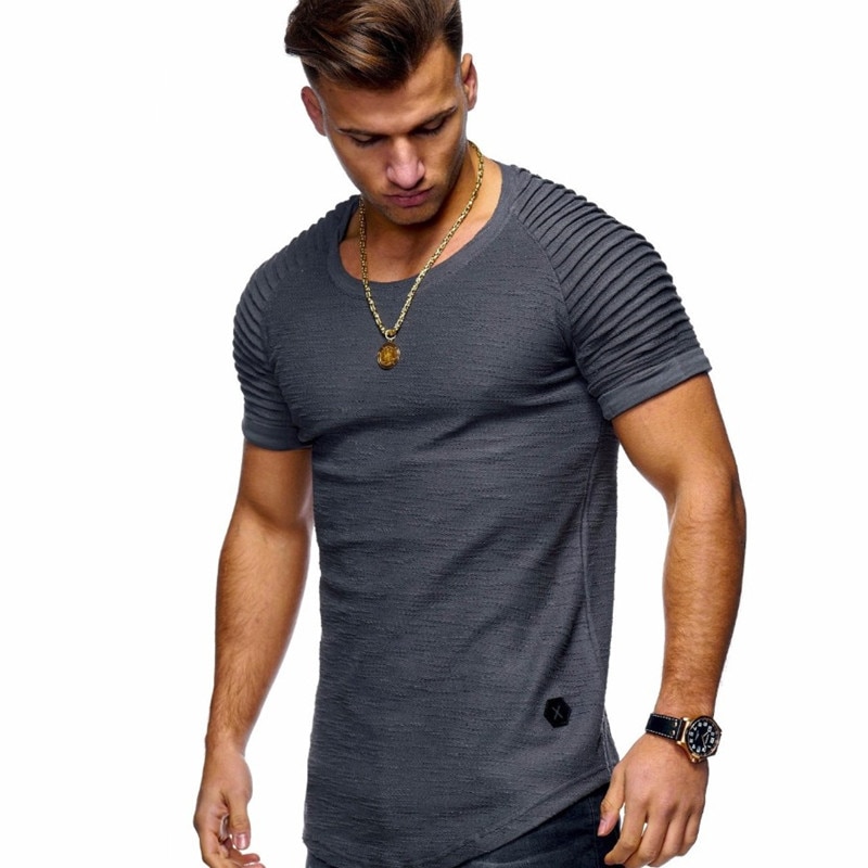 2021 new short-sleeved solid color men's t-shirt pleated shoulder jacquard stripes Slim T-shirt men's casual sports wi