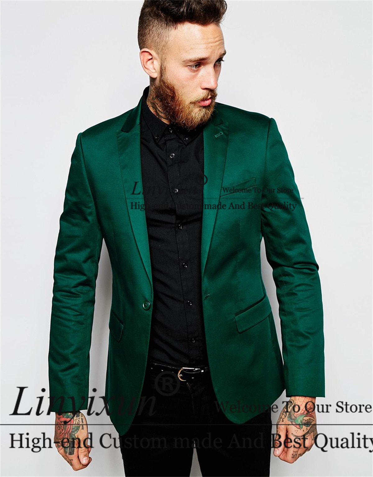 Emerald Green Groom Tuxedos Peak Lapel Men Suits for Groomsmen Wedding Prom 2 Pieces Best Man Blazer With Black Pants Outfit