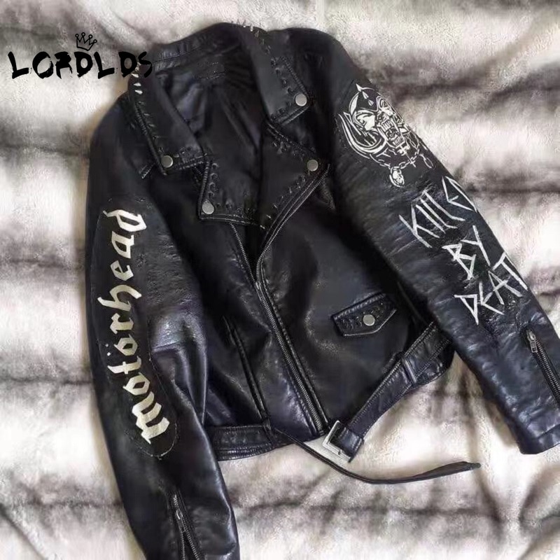 LORDLDS Mens Distressed Leather Jackets Black Moto Biker Vintage Cafe Racer Streetwear Punk Rock Jacket with Print Male