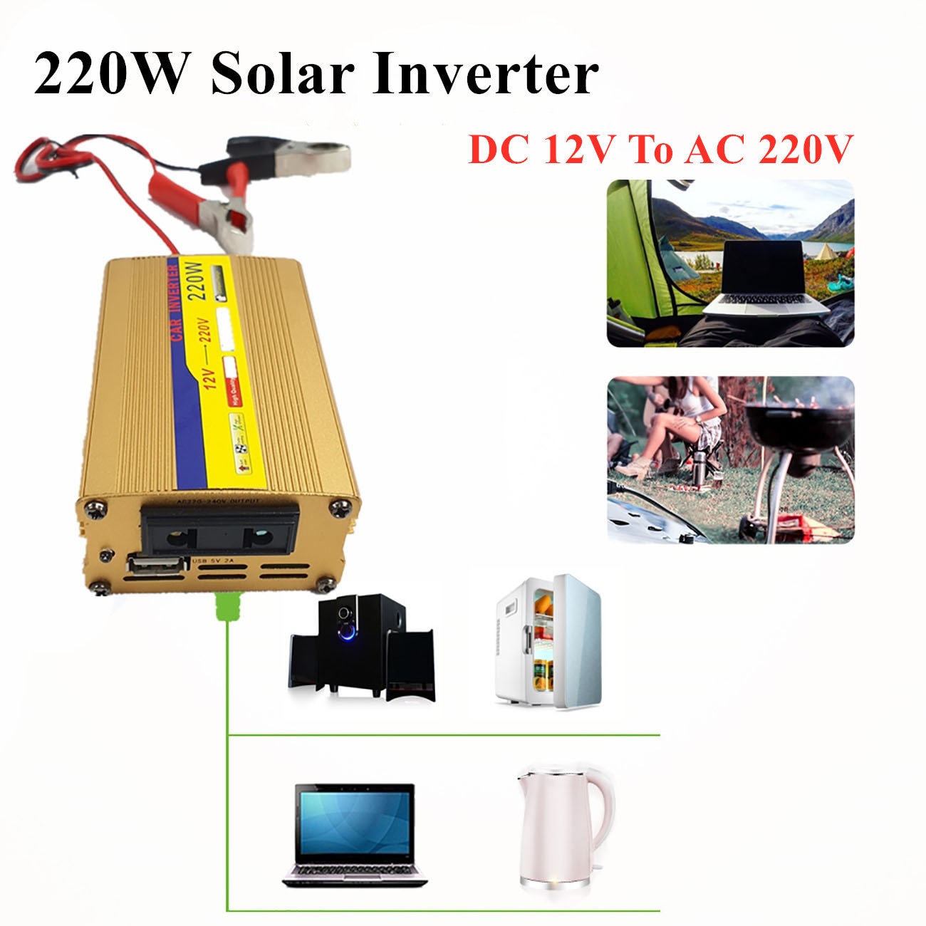 220W Solar Inverter DC 12V To AC 220V Photovoltaic Power Generator Converter Car Inverter USB Charging for Camping Traveling