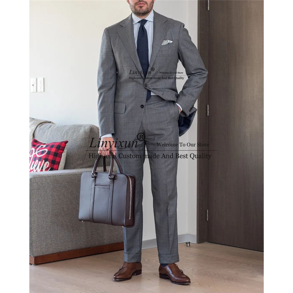 Grey Men Suits Formal Business Blazer Wedding Groom Tuxedo Slim Fit Best Man 2 Piece Set Banquet Prom Jacket Pants Costume Homme