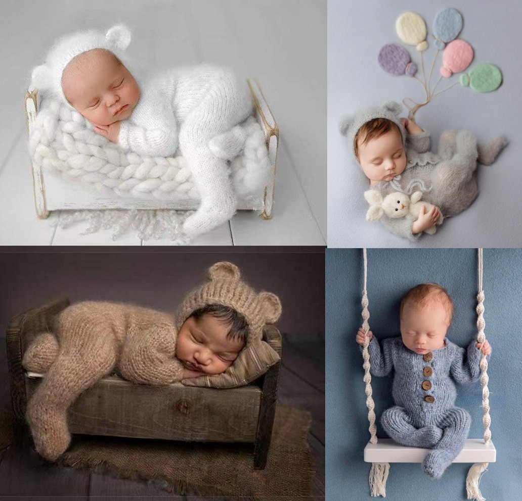 2pc/set Newborn Photography Props Romper Jumpsuit Crochet Hat Wool Baby Boy Girl Outfit Baby Animal Photo Prop