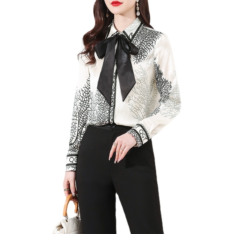 Silk Shirt Women's 2022 Spring Dress Bow Tie Design Fashion Temperament Shirt Long Sleeve Mulberry Silk Top