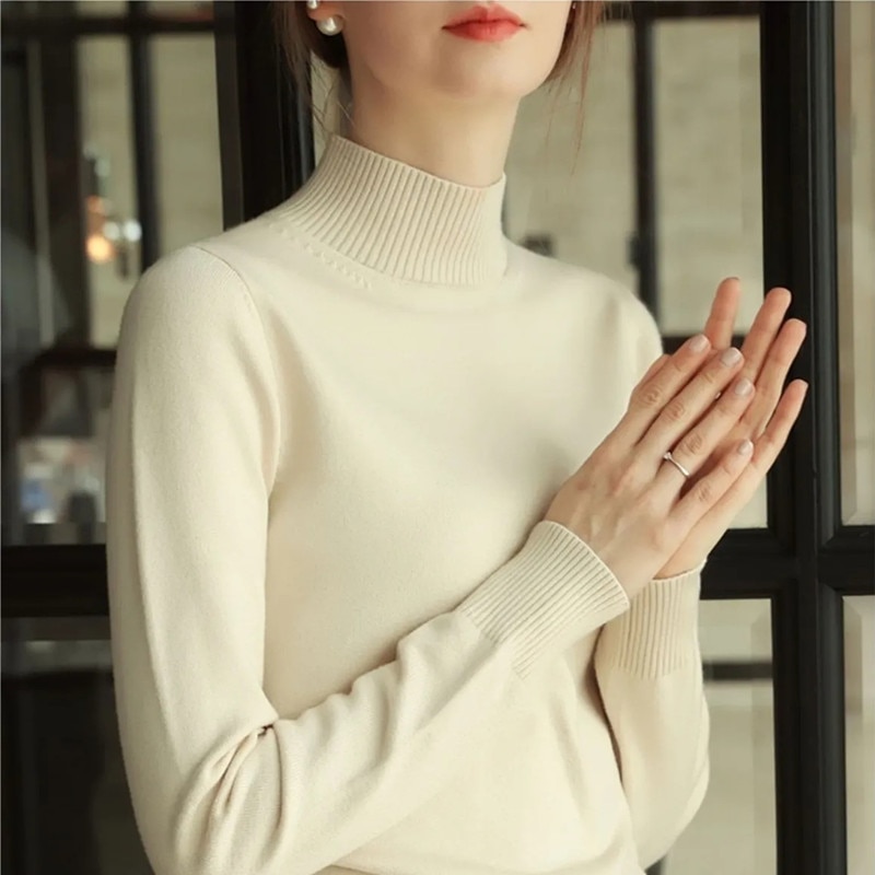 Korean Style Loose Sweater Women Pullover High Quality Casual Half Turtleneck Long Sleeve Knit Sweater Female Jumpers Solid Tops