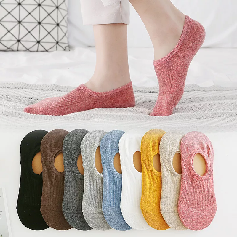 5 Pairs Women Cotton Non-Slip Silicone Invisible Sock Slippers Solid Color Female Soft Ankle Boat Socks Set 35-39 EUR calcetines