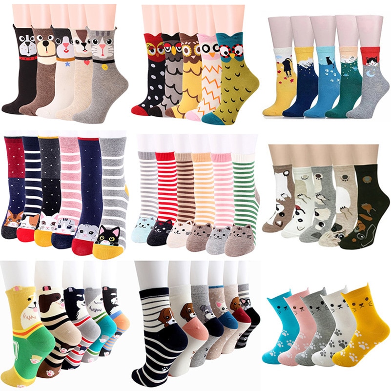5 Pairs/Set Cartoon Animals Style Women Mid Tube Socks Pop Harajuku Casual Lady Student Short Sock Cotton Meias Calcetines Mujer