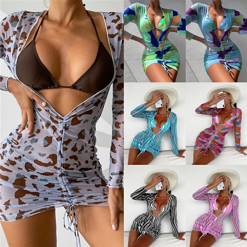 Adogirl Sexy Summer Beachwear 3 Piece Sets Women Deep V Neck Mini Dress + Bikini Sets Casual 2022 Bathing Suit Swimwear
