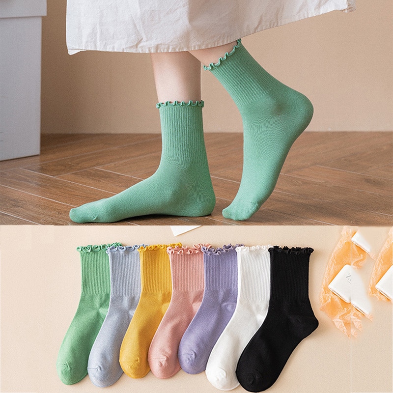 5 Pairs Women Cotton Ruffle Frilly Socks Black White Cute Autumn Winter Fashion Socks Solid color Soft Happy Girl Socks