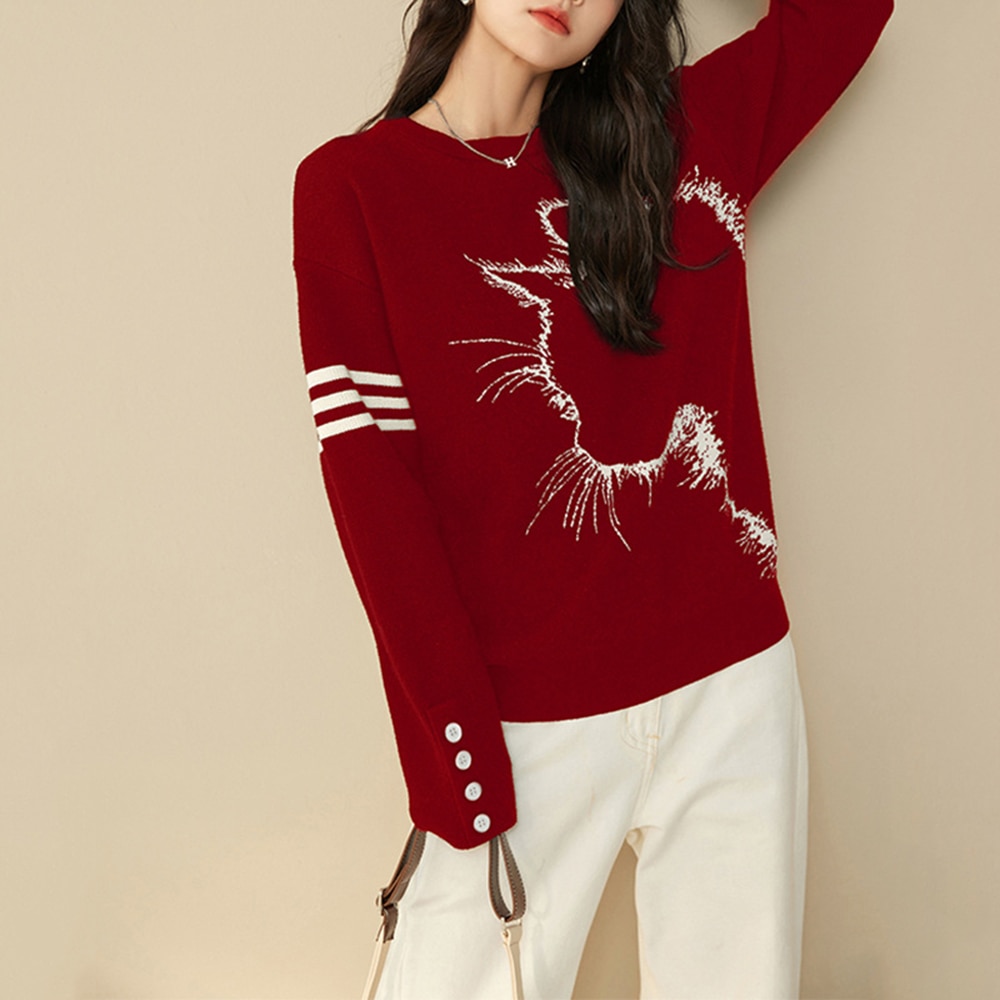 Women Knit 2022 Spring Autumn Long Sleeve New Round Neck Loose Pullover Sweater Cat Embroidery Print Purple Casual Soft Tops