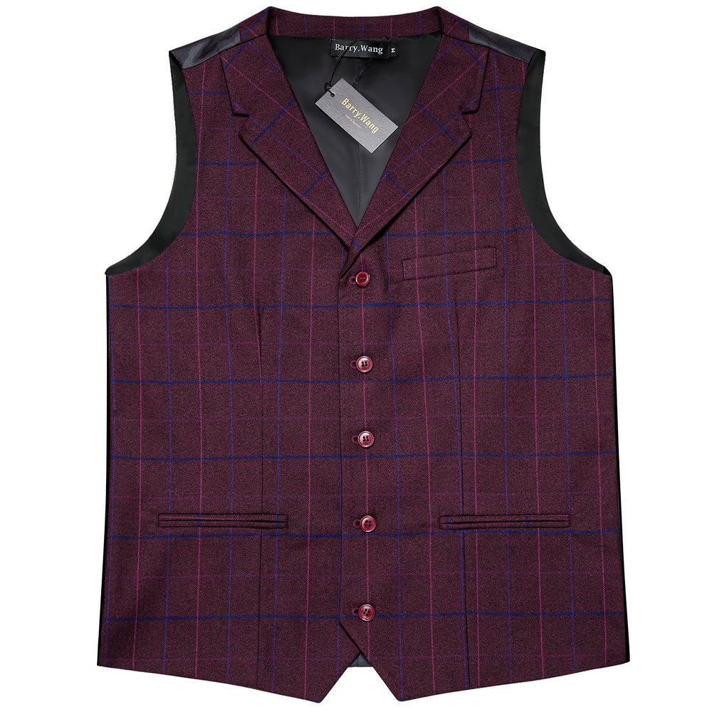 Barry.Wang Design Men Suit Vest Red Plaid Waistcoat Wool Blend Tailored Collar V-neck 2 Pocket Vest Formal Leisure G-2206