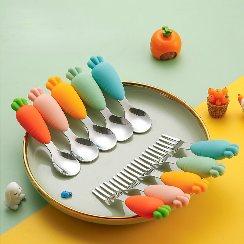 Kids Stainless Steel Spoon Fork Carrot Cartoon silicone Baby practice anti-fall Short Handle Baby Feeding Spoon fork Utensils
