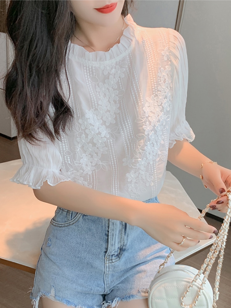 Summer Women Blouse Short Sleeve Embroidery Lace Chiffon Blouse Elegant Chic Shirt Blouse Women Blusas Mujer De Moda 2022