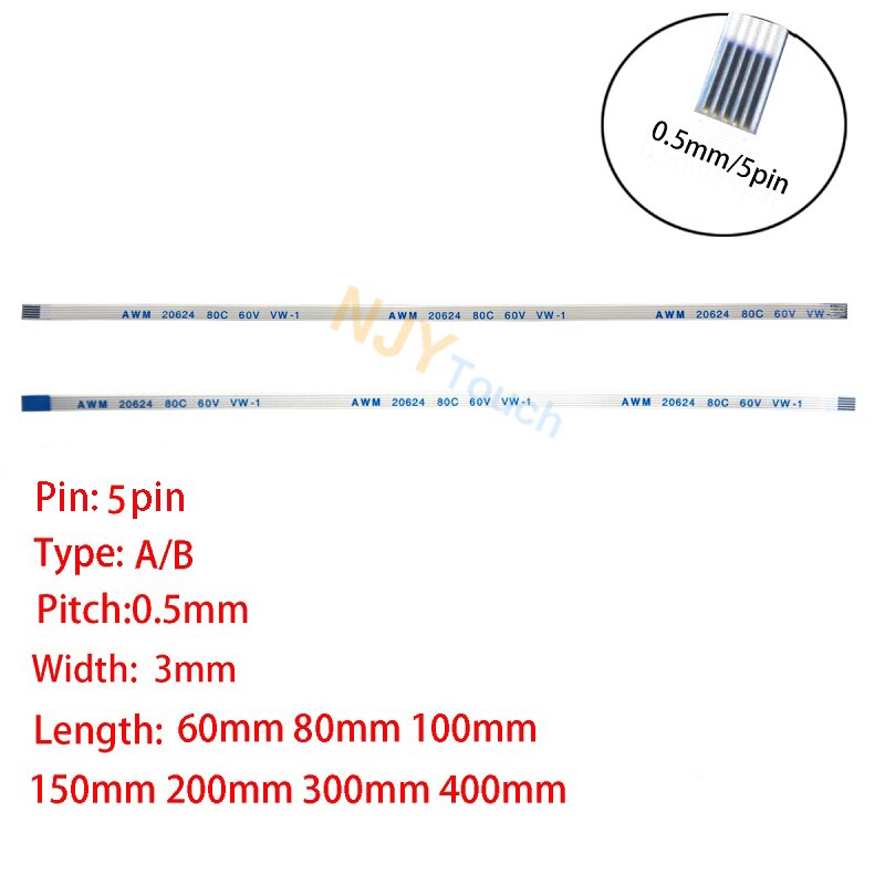 1Pc 5Pin 0.5mm Pitch FFC FPC AWM 20624 80C 60V VW-1 A B Type Flat Flexible Cable 60/100/150/200/250/300/400mm