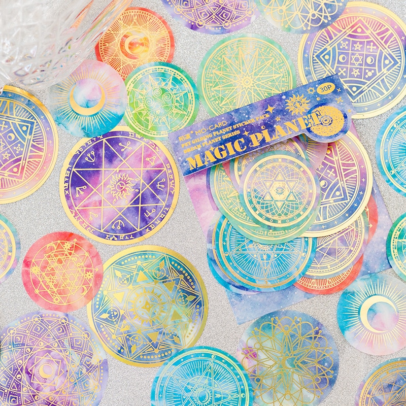 MOHAMM 30 Sheets Fantasy Planet Gold Foil Stickers for DIY Creative Art Craft Planners Scrapbooking Collage