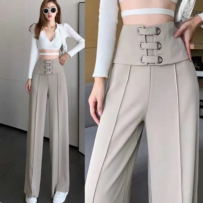 New Spring High Waist Suit Pants Women Fashion Office Bandage Pants Chic Button Elegant Casual Woman Pants Loose Trousers