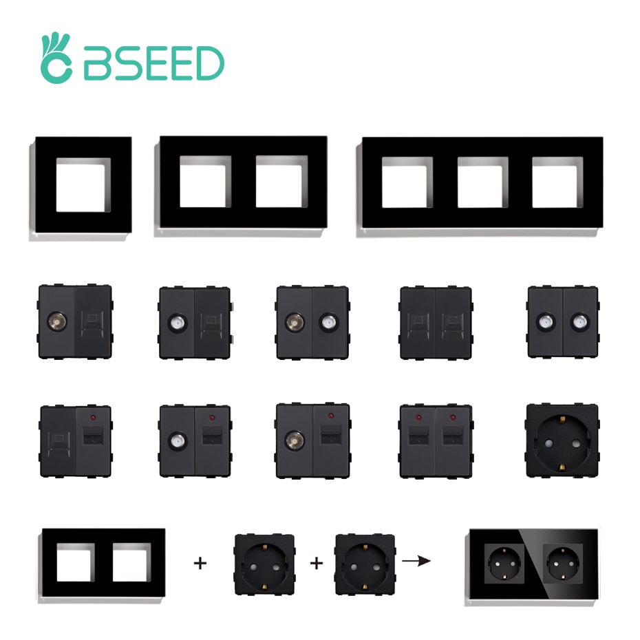 BSEED EU Glass Panel and USB Socket CAT5 RJ45 PC TV ST DIY Function Parts Electrical Outlets Free Combination Wall Mounted