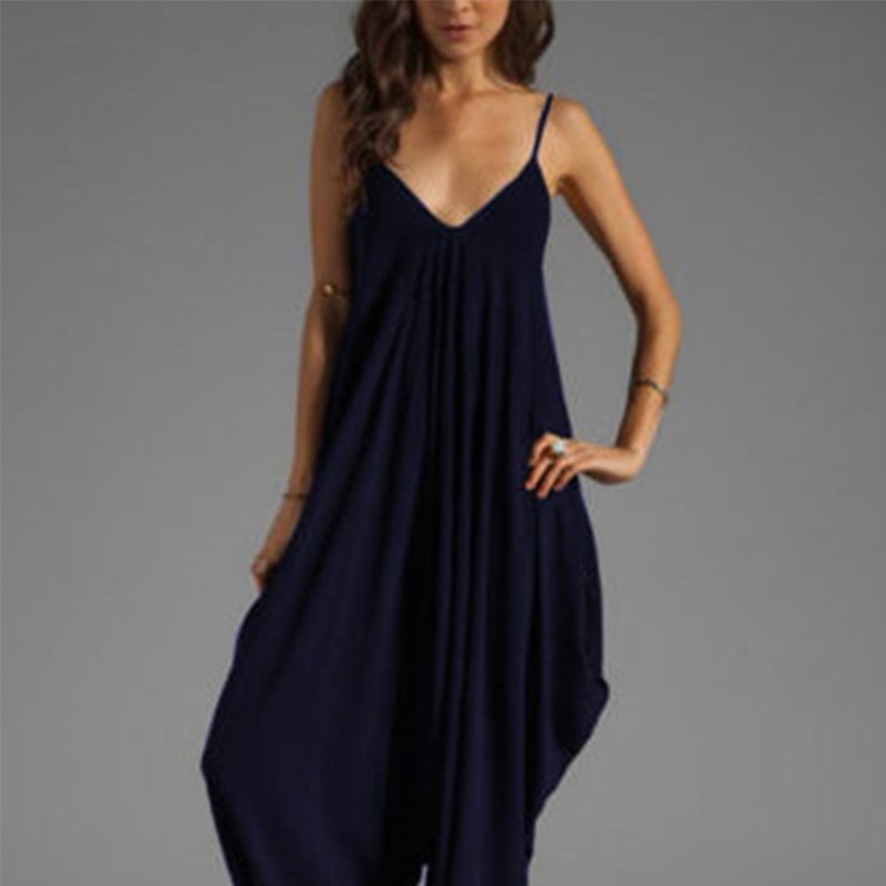 Fashion Women V Neck Solid Jumpsuit Casual Sleeveless Spaghetti Strap Rompers Large Size Summer Beachwear
