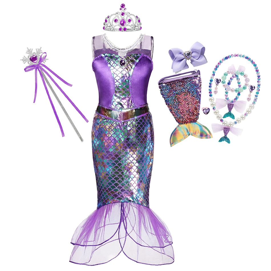 Baby Girl Ariel Dress Little Mermaid Girl Princess Dress Costume Summer Children Sequins Birthday Party Clothes 3-8 Years