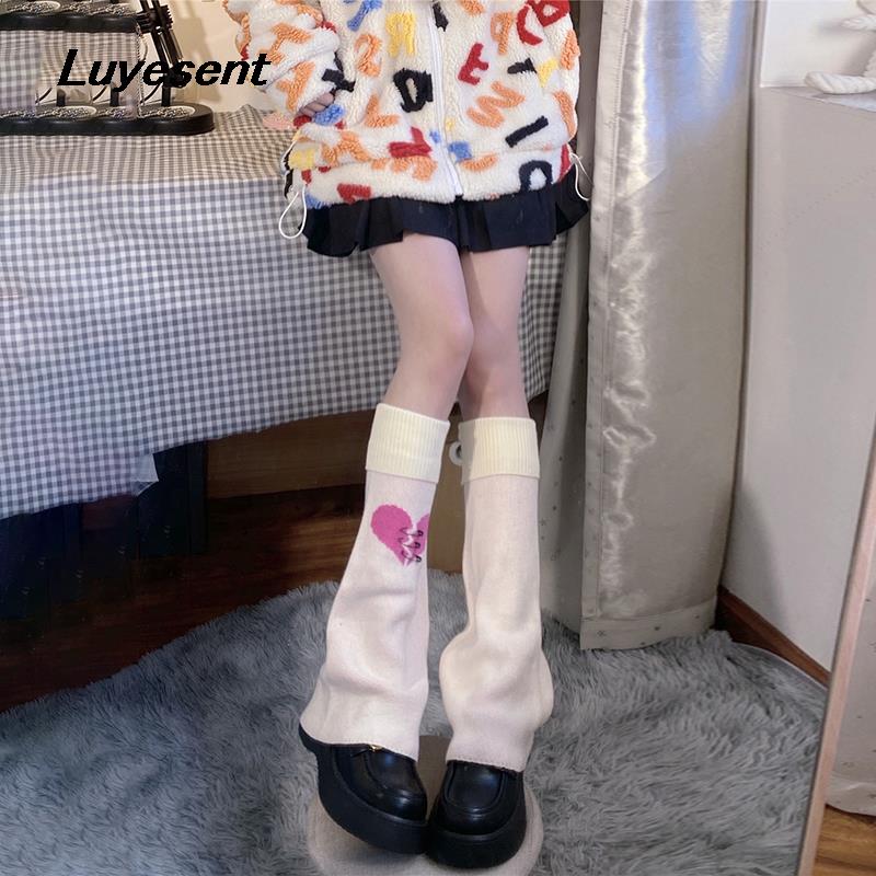 Sweet Lady Knitted Leg Warmer 2023 Spring Y2k Girl Beige Black Knit Warm Socks With Heart Cobweb Korean Harajuku Chic Foot Cover