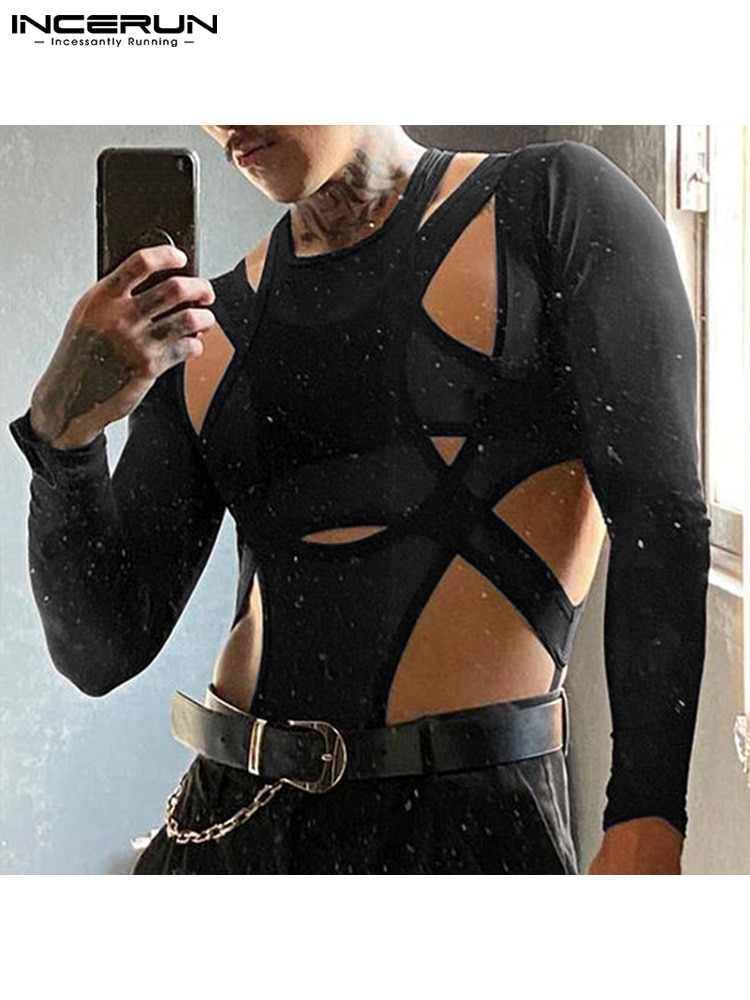 Sexy Leisure Style Loungewear Men's Hollow Onesies Stylish Male Jumpsuit Solid Long Sleeve Triangle Bodysuits S-5XL INCERUN