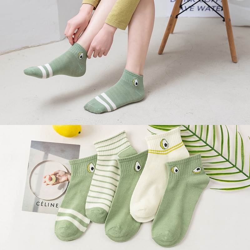 5 Pairs/lot Elegant Women Short Socks Cartoon Green Fruits Summer Harajuku Cute Ankle Socks Novelty Female Funny Happy Casual