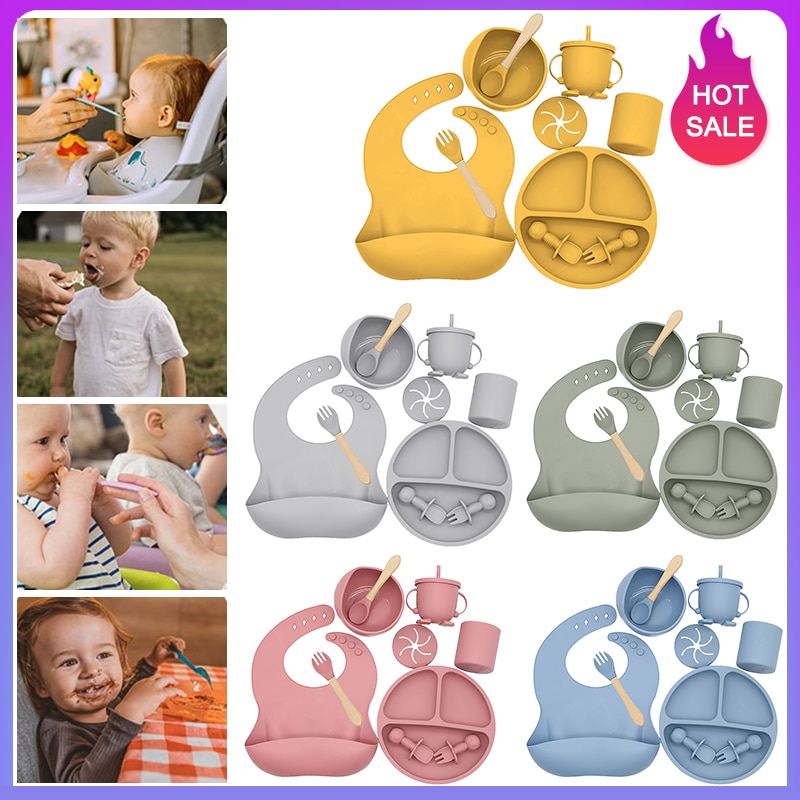 9PCS/Set Baby Silicone Tableware Set Baby Feeding Dishes BPA Free Bowl Plate Bibs Spoon Fork Sets Children Non-slip Dinnerware