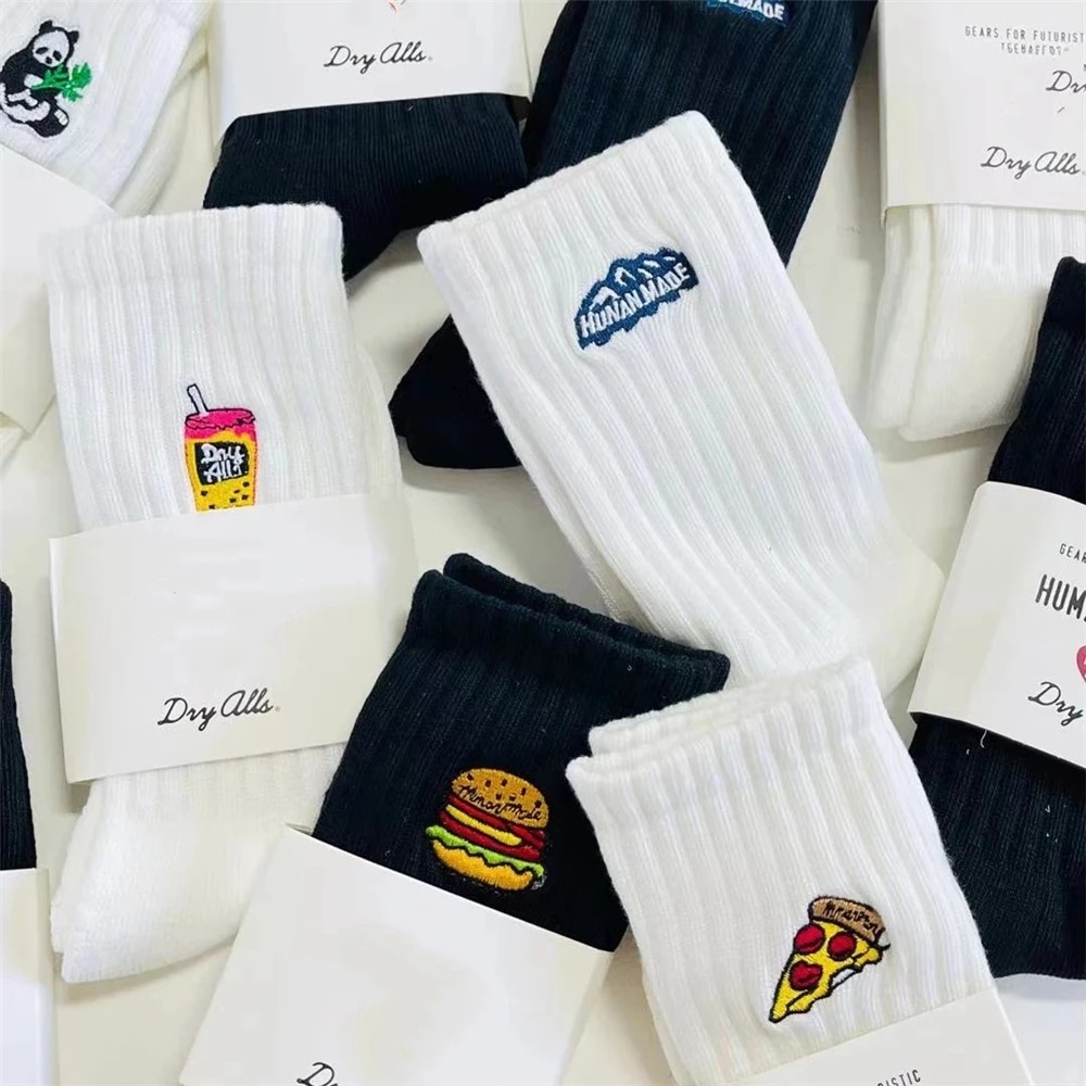 New Japanese Style Cartoon Funny Embroidery Cola Hamburger Pizza Patterned Casual Socks Men Women Cotton Sports Socks