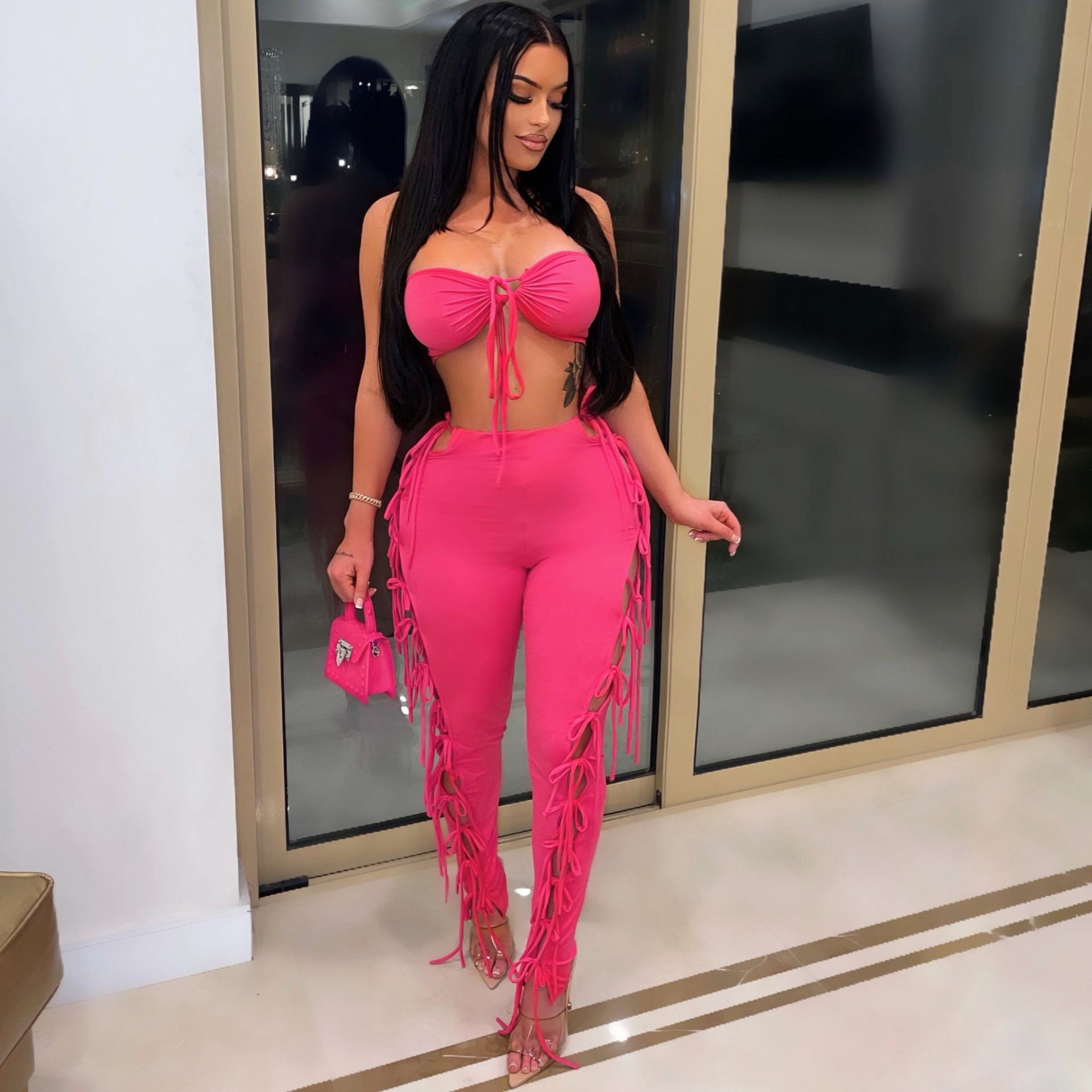 High Slit Bandage Two Piece Set Women Sexy Ruched Lace Up Tube Crop Top + Pants Suit Club Party Tracksuit Women Clothing 4XL