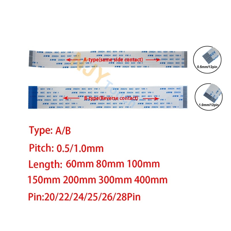 20/22/24/25/26/28Pin FFC FPC AWM 20624 80C 60V VW-1 0.5mm 1.0mm Flat Flexible Cable