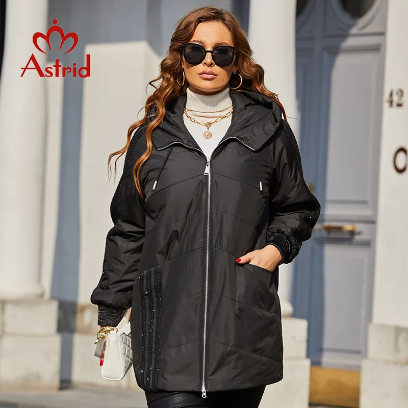 Astrid 2022 Spring Women's Parkas Plus Size Padded Coats Hooded Fashion Wool Textile Stitching Jacket Outerwear Quilted AM-