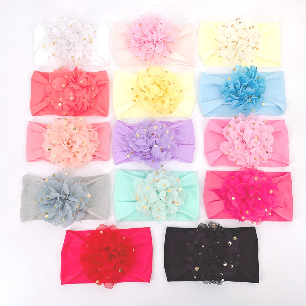 New 1PCS Cute Chiffon Flower Baby Girls Nylon Headband Floral with Gold Dot Handmade Soft Newborn Toddler Children Kids Headwear