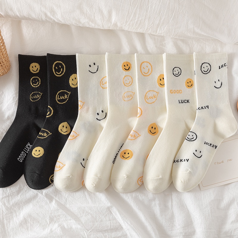 Spring And Summer Mid-tube Women's Socks Korean Version Smiley Ladies Black And White Sports Cotton Socks Mid-tube Socks