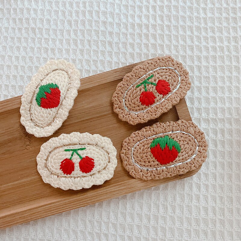 2pcs Children Cute Hair Clips Cherry Strawberry Milk Tea Hairpin Knitted Oval Wool For Girls Headbands Baby Hair Accessories