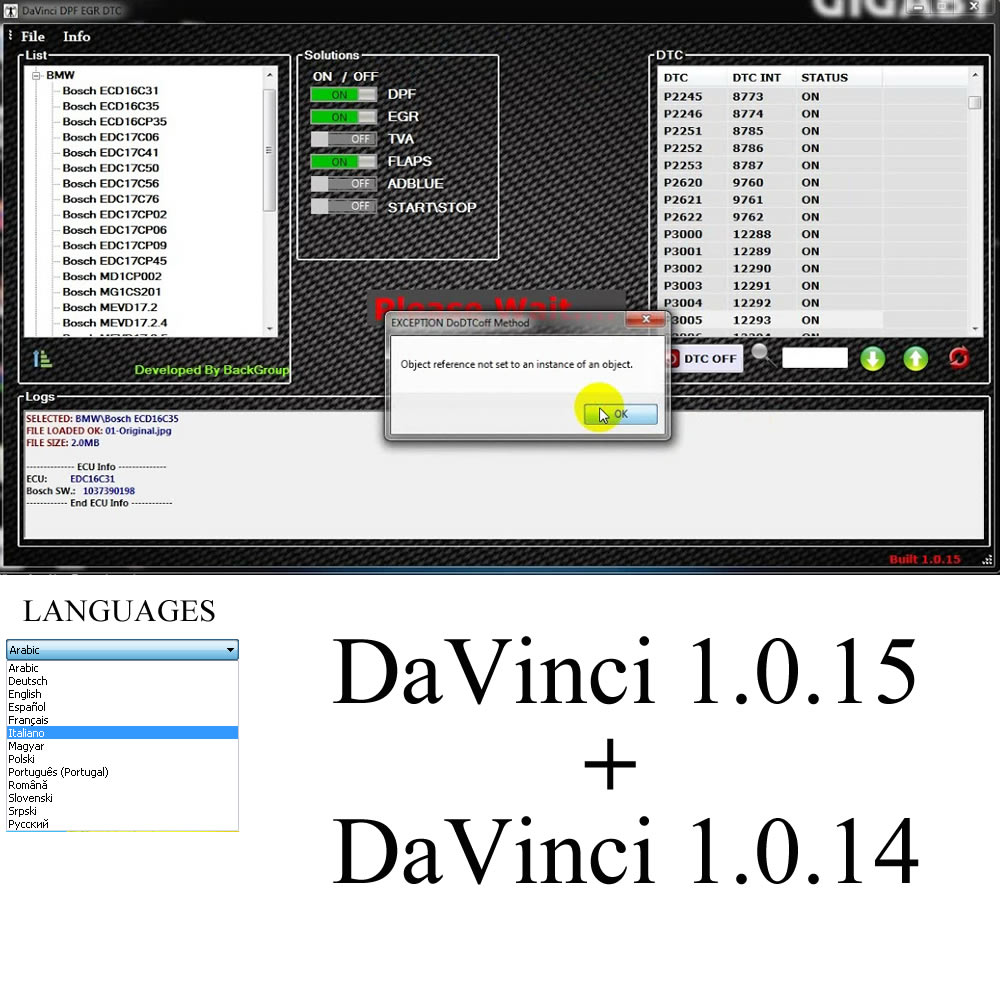 DaVinci 1.0.15 + DaVinci 1.0.14 Versiyon Ecu DPF EGR TVA FLAPS DTC ADBLUE Erase DTC