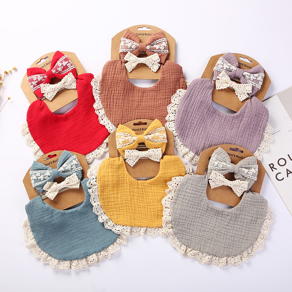 3Pcs/Set Solid Muslin Cotton Bamboo Baby Bib Tassel Lace Boy Girl Feeding Drool Saliva Towel Burp Cloth Adjustable Infant Scarf