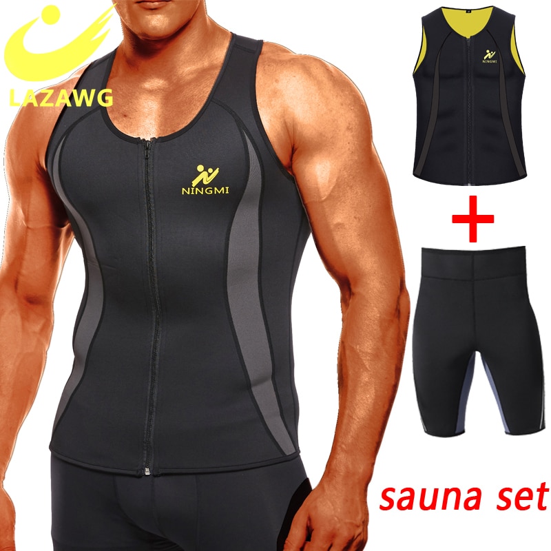 LAZAWG Mens Sauna Tops and Pant Sweat Vest Body Shaper Shorts Slim Neoprene Shapewear Waist Trainer Workout Shirt Weight Loss