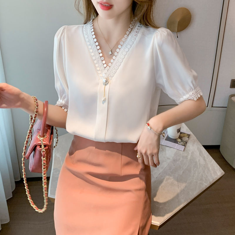 Fashion V-Neck Beading Lace Chiffon Shirt Women's Clothing 2022 Summer New Elegant Office Lady Petal Short Sleeve Commute B