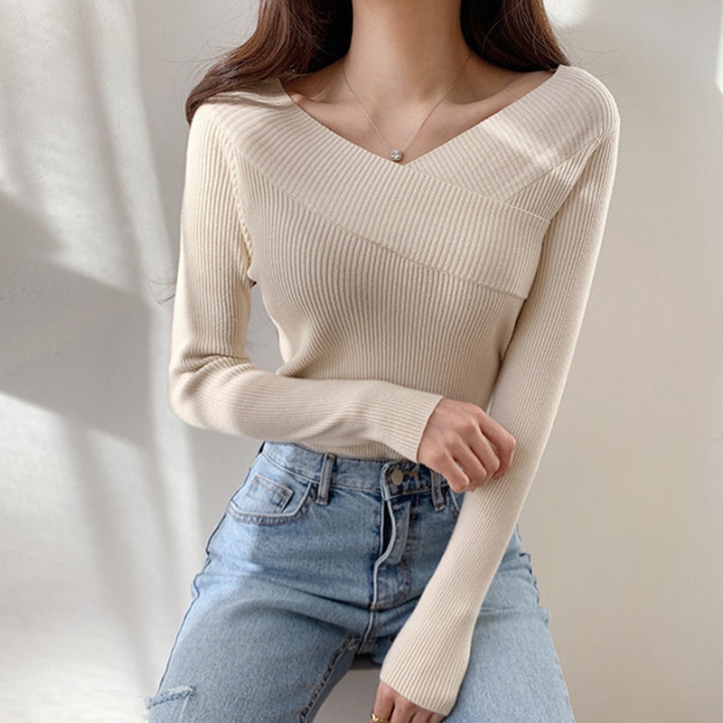 Autumn Winter Off The Shoulder Solid Color Slim Long Sleeve Knitted Tops For Women's Casual All Match Chic Sweater