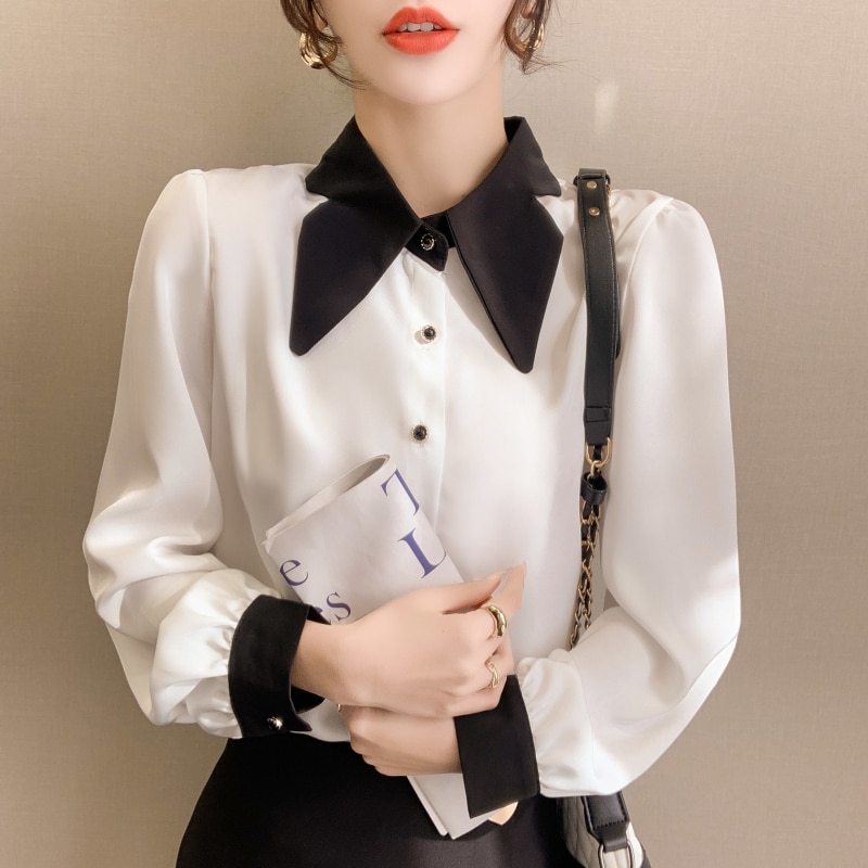 2023 Spring New Color Block Bowtie Collar Elegant Office Lady Slim Women Shirt Plus Size Long Sleeve Chiffon Blouse Chemise
