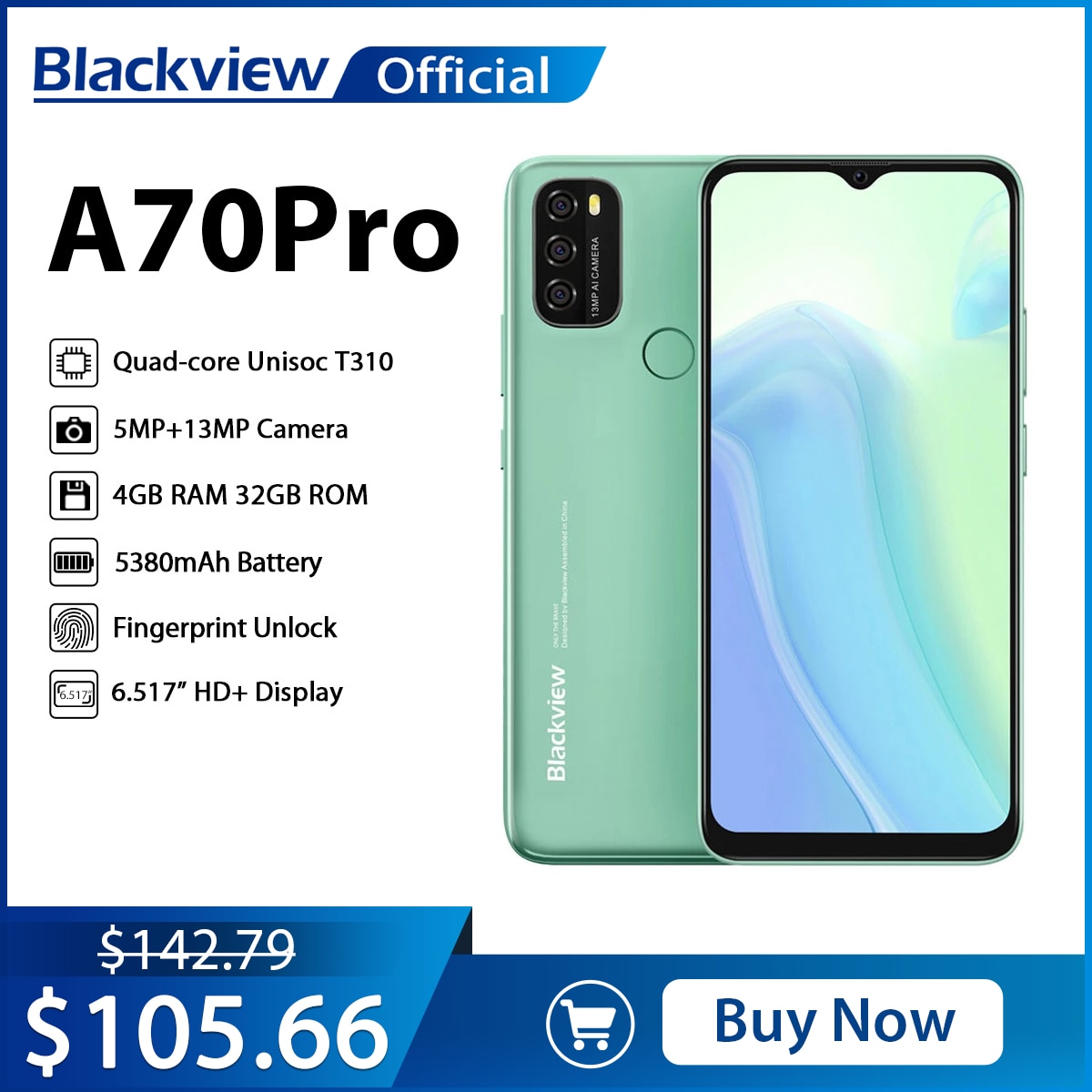 BLACKVIEW A70 Pro Android 11, 6.52 Inch Display Quad Core 4GB RAM+32GB ROM 5380mAh 13MP + 5MP Camera 4G Network