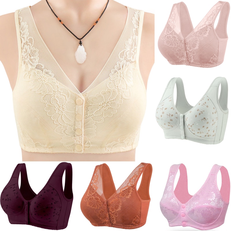2022 Underwear Women Front Closure Button Bra without padding Wireless Gather bras Breathable Thin Underwear Large Cup Bralette