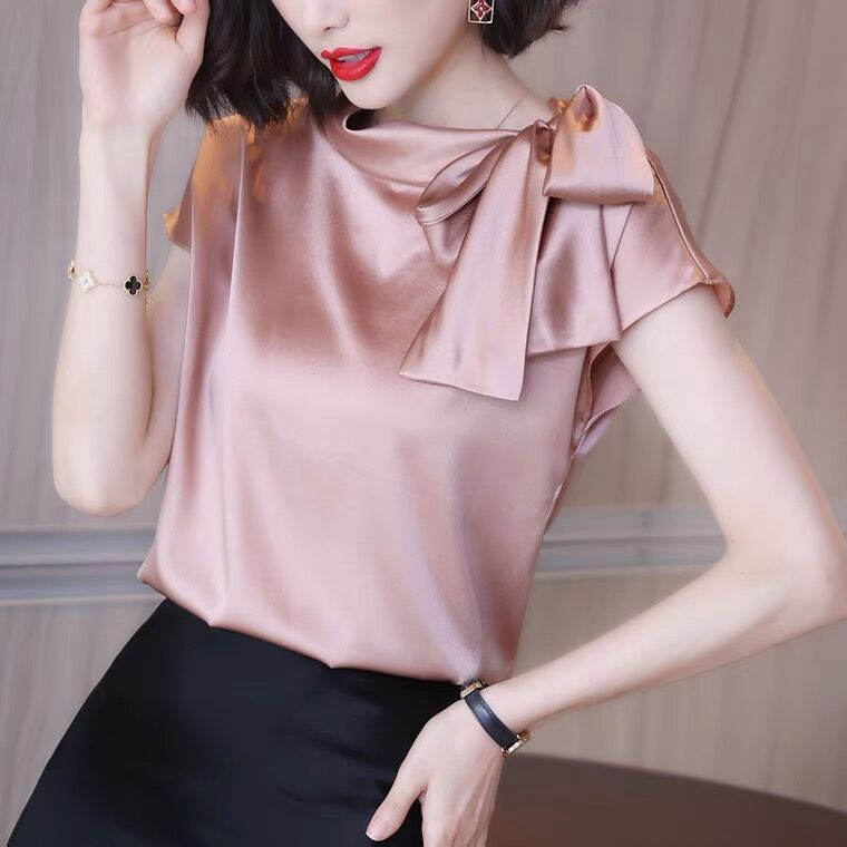 2022 Summer women Elegant Bow Tie Belted Shirt Korean fashion Satin Blouse Casual Slik Party Blusas black white pink tops