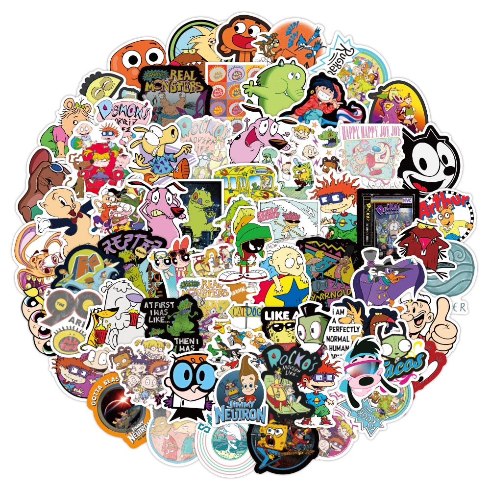 100Pcs 90s Classic Cartoon Stickers Graffiti for Laptop Motorcycle Bike Car Guitar Skateboard Luggage Decal Kids Scrapbook Toys