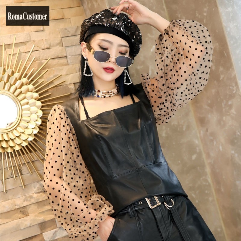 Bottoming Shirt Womens Spring New Real Leather Black Spliced Sheepskin Lantern Sleeve Blouse Slim Mesh Tops Trend All Match